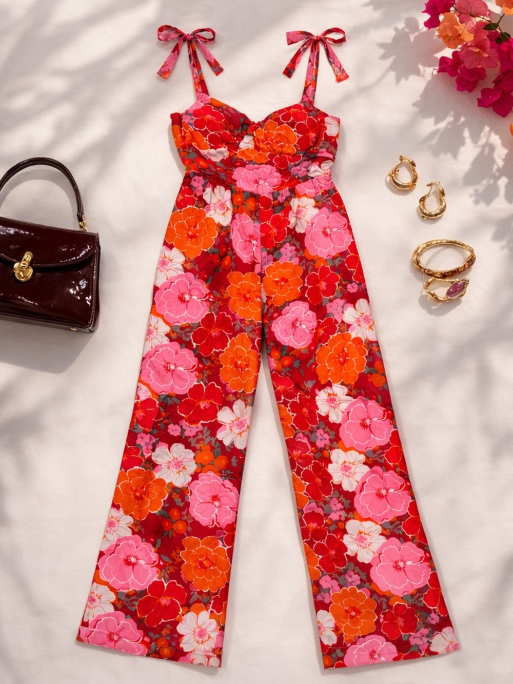 Cottagecore Floral Wide Leg Jumpsuit Barbiecore Pink Rayon Spring Break Medium